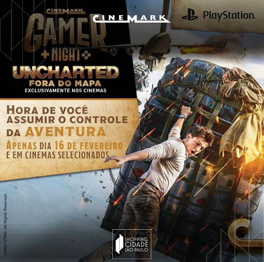 Shopping Cidade São Paulo recebe sessão especial de &quot;Uncharted - Fora do Mapa&quot;, no Cinemark Gamer Night - Crédito: Divulgação