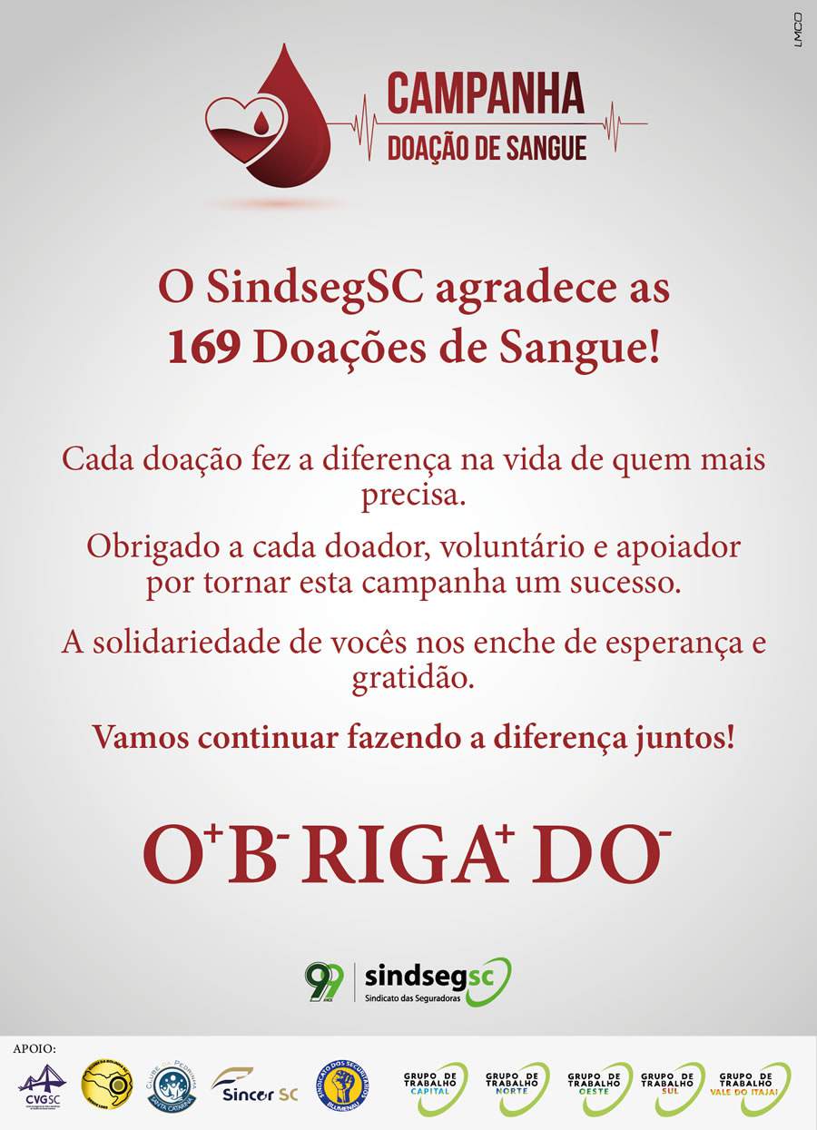 Campanha SindsegSC conquista 169 doadores de sangue em 50 dias