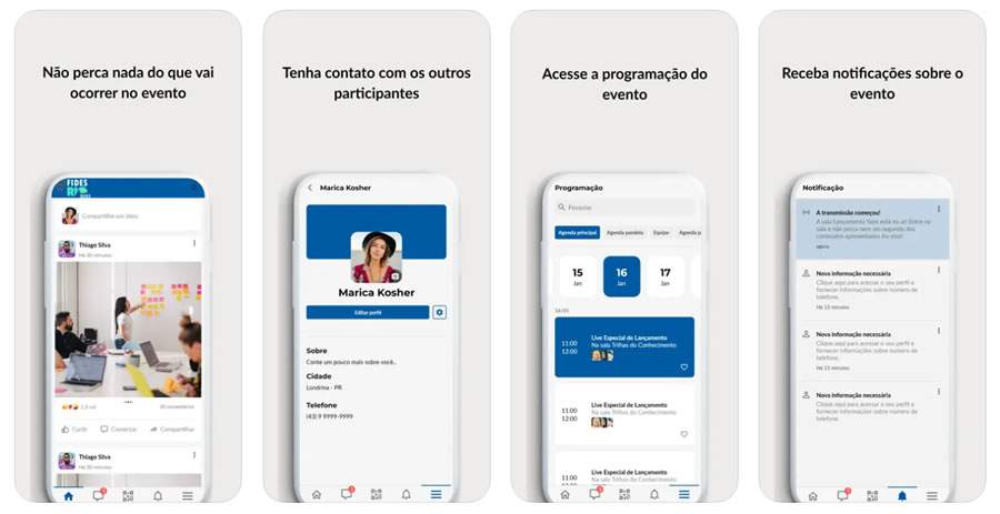 Aplicativo FIDES Rio 2023 oferece troca de mensagens entre participantes de maneira privada, timeline para compartilhamento de experiências e novas ideias, dicas de turismo, notícias sobre o mercado segurador e informações gerais sobre o evento. - Crédito: divulgação - CNseg