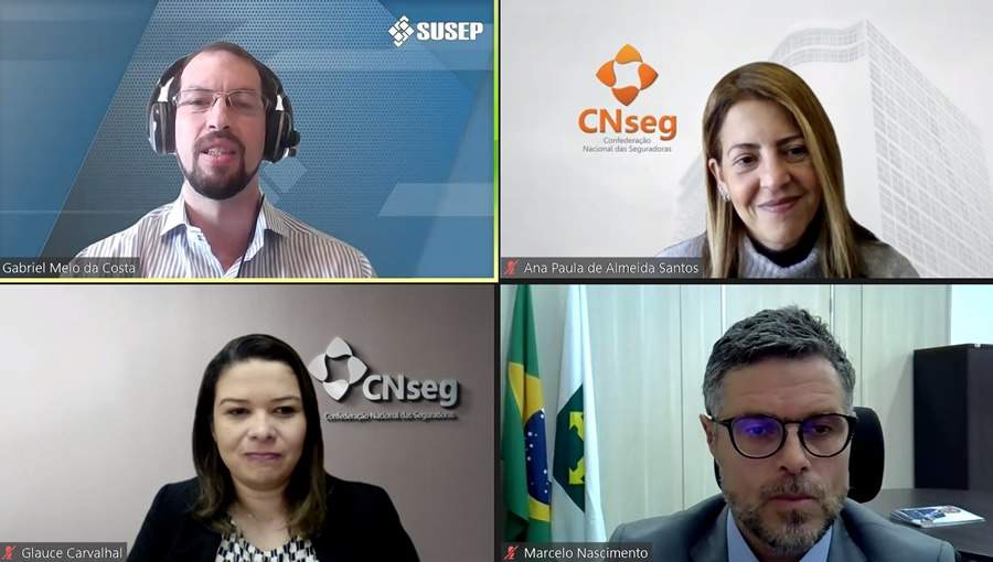 No encontro virtual, Gabriel Costa da Susep, Marcelo Nascimento do Procon - DF e as diretoras da CNseg: Glauce Carvalhal e Ana Paula de Almeida Santos, detalharam as ações necessárias para o combate às associações ilegais e os impactos das promessas oriundas destas organizações para o consumidor - Crédito: Divulgação CNseg