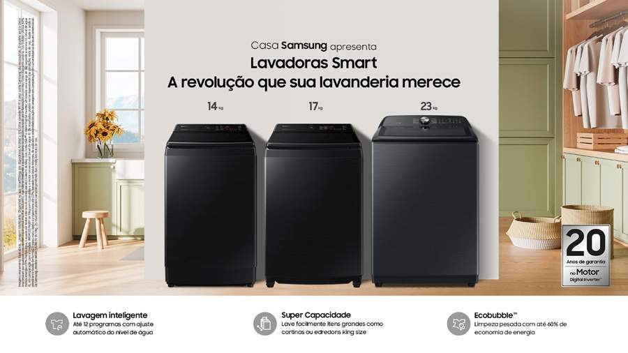 Samsung amplia portfólio de lavadoras com três novos modelos de abertura superior no Brasil